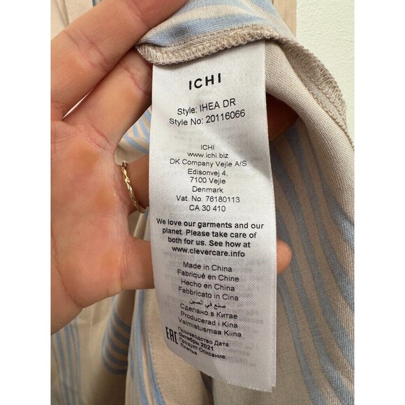 ICHI Striped Tunic Dress Button Down Waist Tie Tan Blue Beach Resort Women's XL - Picture 6 of 9